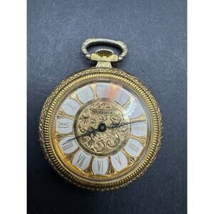 Vintage Sheffield Gold Tone Swiss Made White Dial Pendant Pocket Watch 1 Jewel